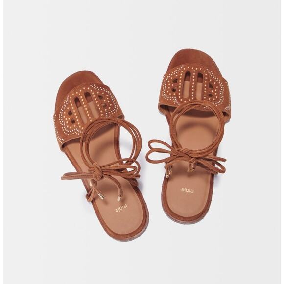 NEW in Box MAJE Flat Studded Lace Up Sandals Camel size 40/ 9.5 - Picture 4 of 10